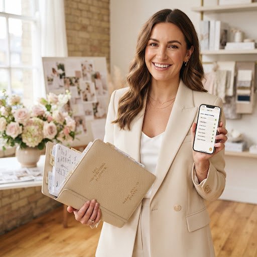 Professional wedding planner holding luxury binder and smartphone